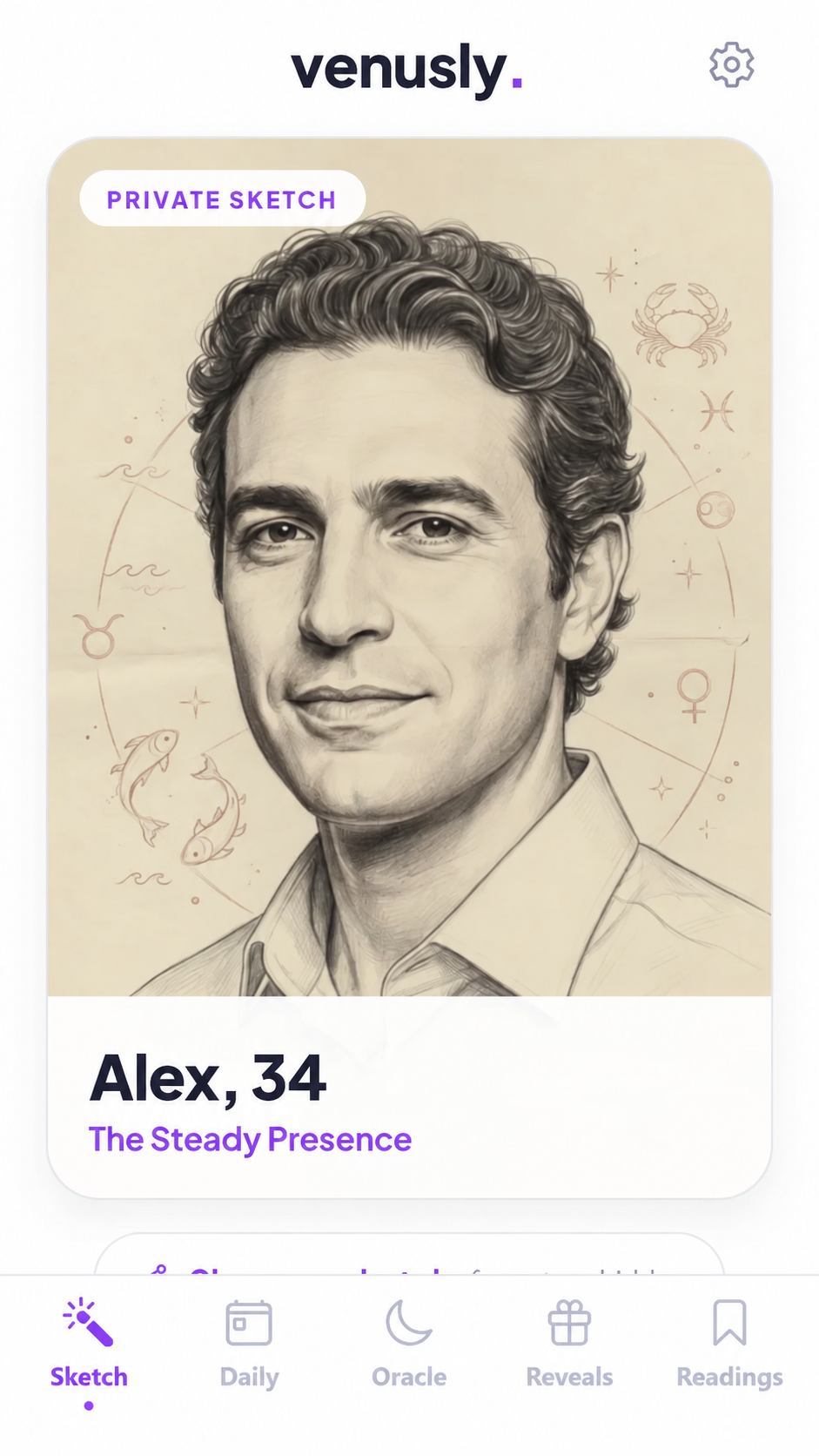 Venusly app showing an example soulmate portrait and fictional reading