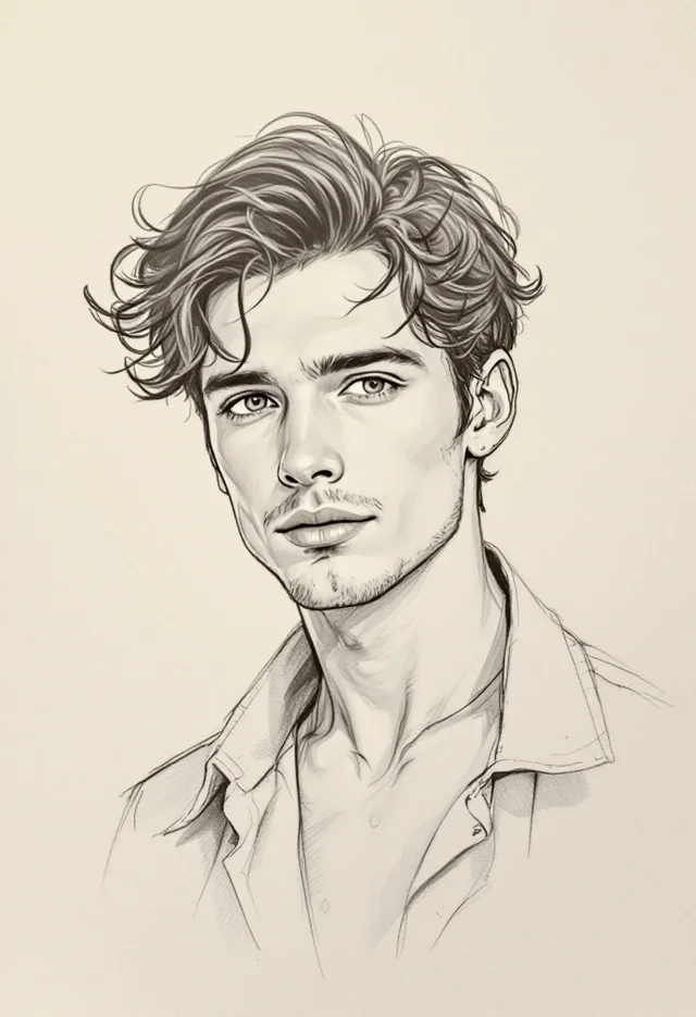 Illustrative pencil-style portrait of a man with wavy hair